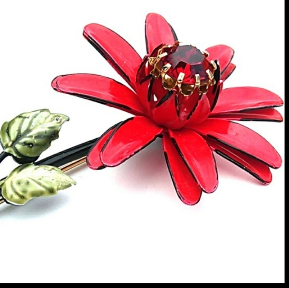 RARE FRANCOIS CORO Blackened Jappaned Metal Enamel 3D Flower Brooch VINTAGE